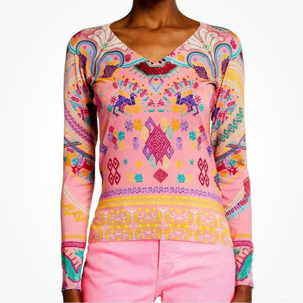ETRO dragon silk v neck sweater/top $820 NWOT bright size 50 us 14